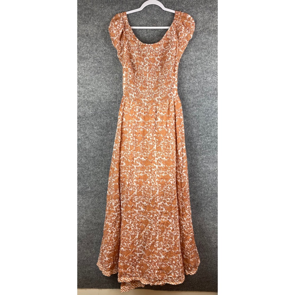 Free People Maxi Dress Womens L Orange Floral Excellent Smocked Open Back Boho